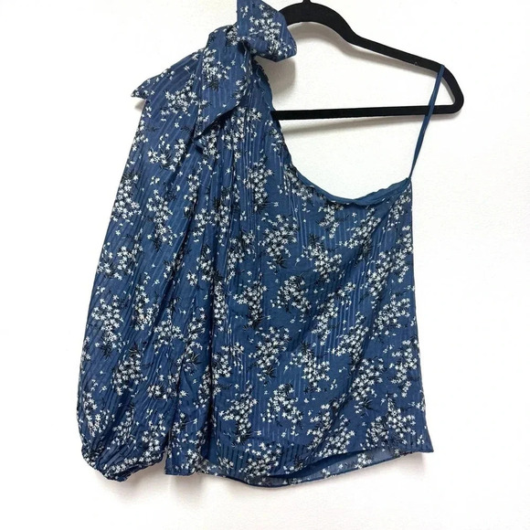 Ulla Johnson Enid Blue Floral One Shoulder Silk Blend Blouse  - Bow Asymmetrical - Picture 3 of 10